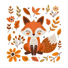 Naklejka premium Adorable Autumn Fox Surrounded by Colorful Fall Foliage - Generative AI