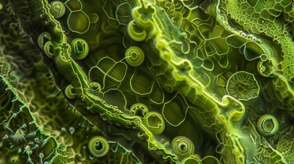 An electron microscope image of a chloroplast zoomed in on the grana region. The thylakoid discs appear tightly packed and organized