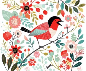 Vibrant Songbird Amidst Blossoming Flora - Generative AI Artwork - 792743200