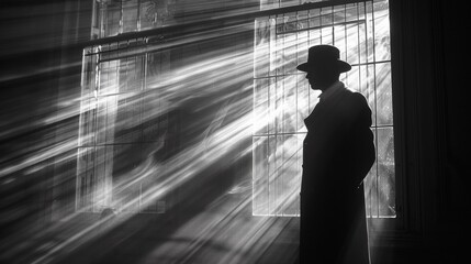 A silhouette of a man in top hat standing next to window, AI