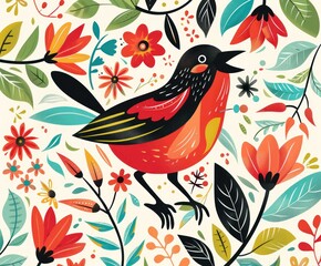 Vibrant Songbird Amidst Blossoming Flora - Generative AI Artwork - 792743211