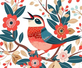 Vibrant Songbird Amidst Blossoming Flora - Generative AI Artwork - 792743246