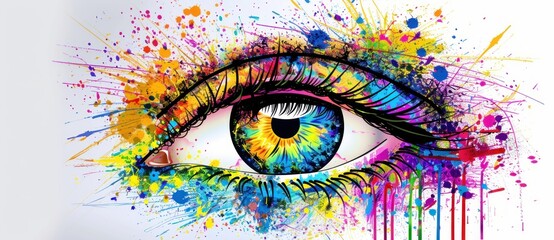 Vibrant Gaze: Abstract Eye Amidst Colorful Paint Splashes - Generative AI - 792743264