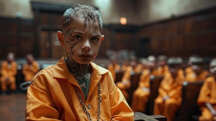 A tattooed child chained in a courtroom wearing orange clothes, audience in the background. Generative AI.