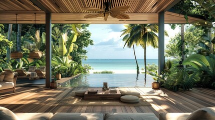 An open-air lounge with sleek wooden flooring, overlooking the azure ocean and palm trees swaying in the breeze. A ceiling fan gently swirls overhead. Generative AI.