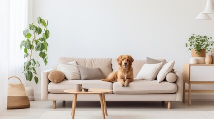 Cute dog lies on a comfortable sofa in a modern bright living room

