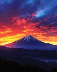 Fototapeta premium Mt Fuji silhouetted against a fiery sunset The sky blazes with shades of red, orange, and purple, while the volcano stands in stark