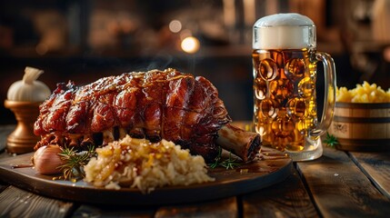 Rustic table, dramatic light A colossal, golden pork knuckle boasts crispy skin Steaming sauerkraut and a playful onion sliver rest beside it A towering draft beer - obrazy, fototapety, plakaty
