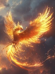 flame shaped phoenix  Soaring gracefully over the vast sky  His vast wings fluttered like flames  The golden feathers shone brightly  - obrazy, fototapety, plakaty