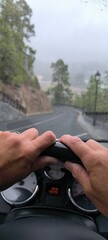 Man's hands on the steering wheel of the car, with a vision in front of him of a deserted road, with trees on the sides,on a gloomy day.Relaxing in nature. Driving in the rain.Attention water planning