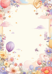 Children's Day Frame colorful painting of a hot air balloon with a butterfly flying next to it. The painting is full of flowers and butterflies, giving it a whimsical and playful feel