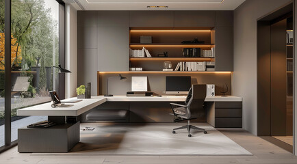 A modern home office featuring an L-shaped desk with the user back to the wall. Generative AI.