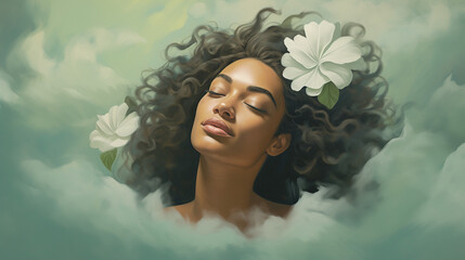 A Polynesian woman with a flower tucked behind her ear, against a seafoam green background - obrazy, fototapety, plakaty