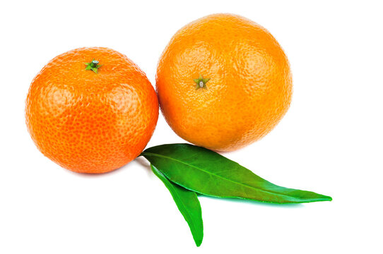 Two ripe tangerine with leaves isolated on white background