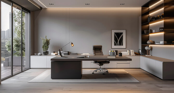 A modern home office featuring an L-shaped desk with the user back to the wall. Generative AI.
