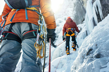 Courageous climbers, roped together, ascending a snowy mountain with ice axes and helmets, symbolizing adventure and teamwork