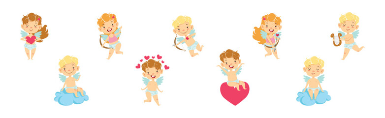 Cupid Boy and Girl Angel Character with Wings Vector Set