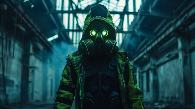 A post-apocalyptic cybergoth man wearing a gas mask with glowing eyes and neon armor