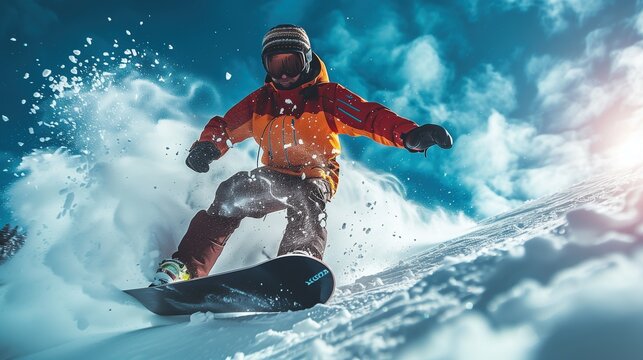 A snowboarder in vibrant gear carves a dynamic path through fresh powder, snow crystals flying around as they make a sharp turn under the bright blue sky.
