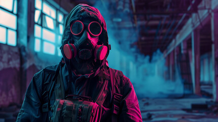 A man in cybergoth attire wearing a gas mask. Copy space.