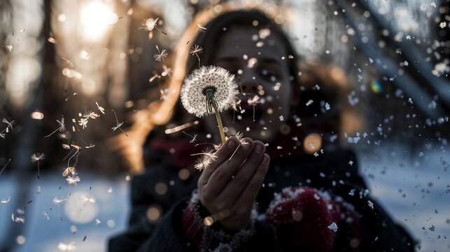 A young girl, caught in a whimsical moment, closes her eyes to make a wish while blowing on a snow-covered dandelion, with seeds and snowflakes dancing in the golden sunset light.