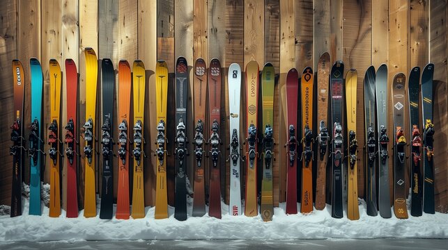 A diverse collection of snowboards and skis mounted on a wooden wall, showcasing an array of designs and colors, reflecting the variety and personality in winter sports gear.