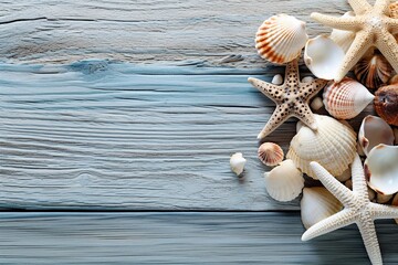 stock photo of a summer time concept with sea shells and starfish on a blue wooden background Generative AI - obrazy, fototapety, plakaty