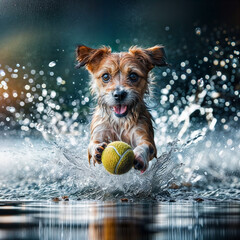 there is a small dog running with a ball in the water, portrait shot, shutterstock, fotografia, splashing, 8 k 4 k, 8k 4k, highly detailed photo of happy, closeup portrait shot, canines sports photo, 