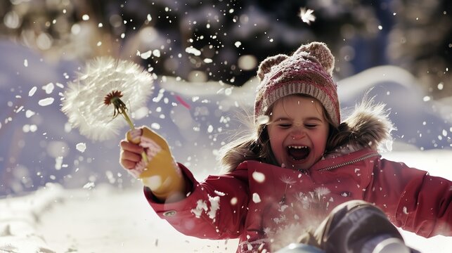 Joyful Winter Moment: Little Girl Laughing and Playing with a Snowy Dandelion While Falling in Snow