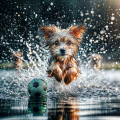 there is a small dog running with a ball in the water, portrait shot, shutterstock, fotografia, splashing, 8 k 4 k, 8k 4k, highly detailed photo of happy, closeup portrait shot, canines sports photo, 