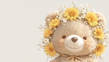 A cute teddy bear wearing a wreath of daisies - obrazy, fototapety, plakaty