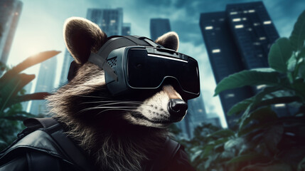 A raccoon wearing a pair of virtual reality glasses, exploring a digital environment