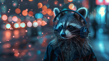 A raccoon wearing headphones is walking on a city street. Copy space.