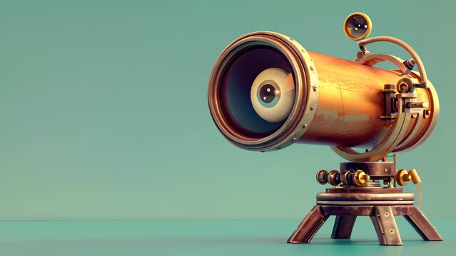 A camera lens with a blue background. The lens is made of metal and has a gold color