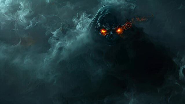 A scary monster with glowing eyes and a hooded cape. The monster is surrounded by smoke, giving it an ominous and dark atmosphere