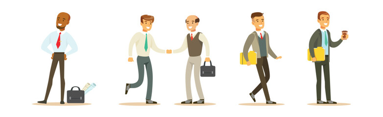 Man Office Employee Character Engaged in Work Vector Set