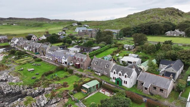Iona, Scotland UK. Aerial View of Traditional Waterfront Homes, Stone Houses and Landscape
