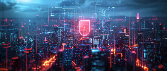 Illustration of glowing shield protecting networked city, symbolizing data protection in futuristic cyber security visualization. - obrazy, fototapety, plakaty