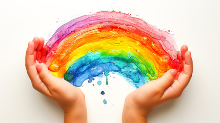 A child holding a vivid, glowing rainbow cupped in their hands. Watercolor. World Autism Awareness Day concept.