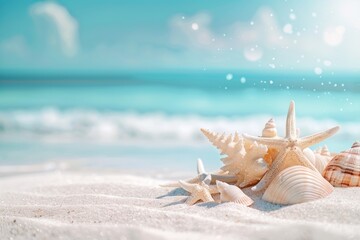 Fototapeta na wymiar Beautiful beach with starfish and shells on white sand, blurred blue sea in the background. summer vacation concept.
