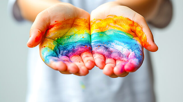A child holding a vivid, glowing rainbow cupped in their hands. World Autism Awareness Day concept.