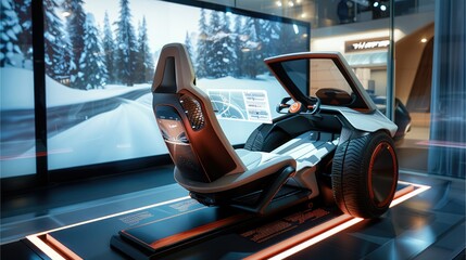 A seat buck for a driving simulator sitting on a platform, Car seat, Dashboard with large screen in front, Steering wheel, modern design. Generative AI.