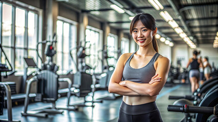 Fototapeta premium A fit woman with a smile while posting indoors at a gym
