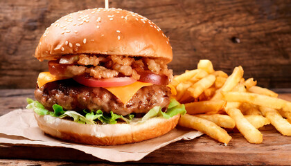 Appetizing meat burger and fries on wooden background,fast food concept.