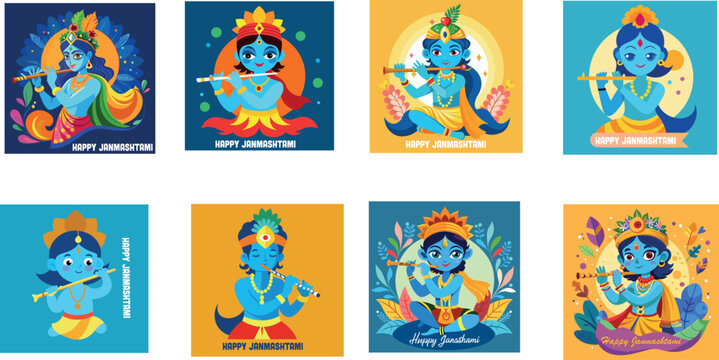 Happy Janmashtami festival  lord Krishna  Vector illustration set 
