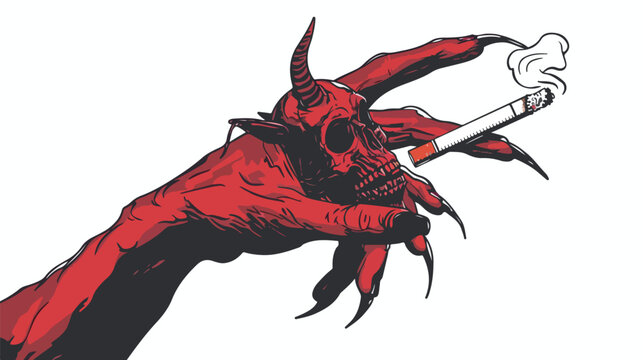 Red demon or satan hand holding cigarette. Hand drawn