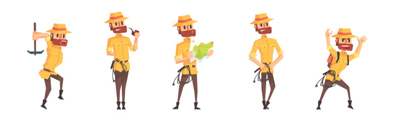 Bearded Man Archaeologist Scientist Character in Different Situation Vector Set