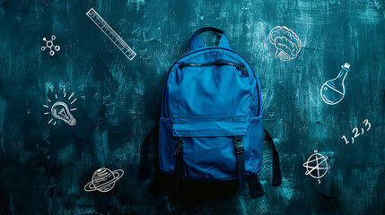 Back to school drawings on the background of a chalkboard and a school backpack. - obrazy, fototapety, plakaty