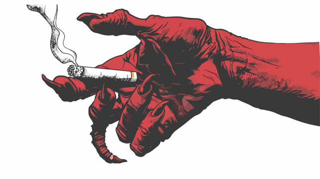 Red demon or satan hand holding cigarette. Hand drawn