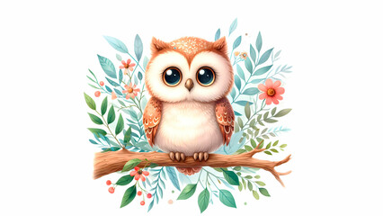 Obraz premium Sweet little owl watercolor image